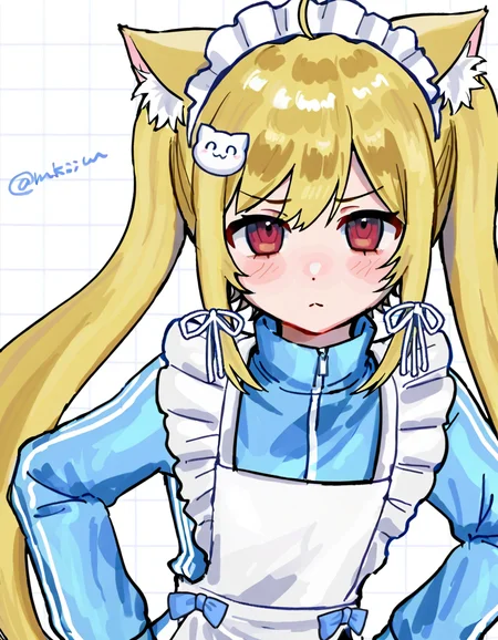 1girl, solo, long hair, looking at viewer, blush, blonde hair, long sleeves, hair ornament, white background, red eyes, bow, animal ears, closed mouth, twintails, jacket, upper body, ahoge, hair ribbon, sidelocks, virtual youtuber, artist name, cat ears, twitter username, apron, animal ear fluff, sleeves past wrists, maid, maid headdress, frown, blue jacket, cat girl, white apron, maid apron, track jacket, hands on own hips, heart ahoge, cat hair ornament, unconventional maid <lora:iwonu_Noise_Injection:1>