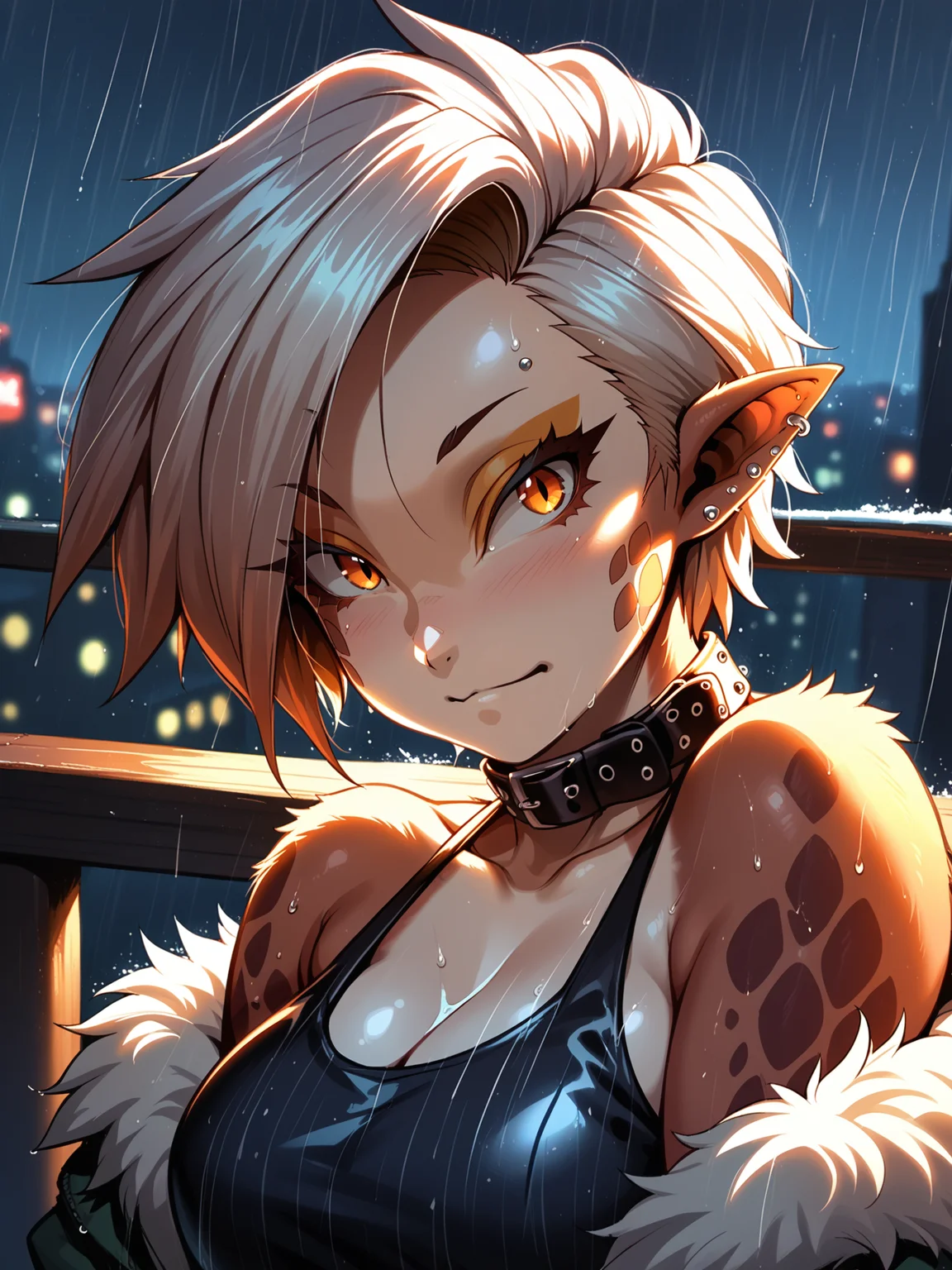 (solo focus, upper body:1.2) <lora:happy_tentacle-riza-v0.1-000036:1>, ht_riza, tail, ear piercing, earrings, belt collar, large breasts, (petite:1.2), <lora:Shed_The_Skin's StS_age_slider_v1_initial_release:-1.2> ( (bare shoulders :1.1) (fur trim :1.1) :1.1) ( ( head tilt :0.8) , , ( fucked silly :1.2) , , :1.1) , outdoors, vegetation, ( :1.1), , (dawn :0.6), rain , (:0.5), , ( :0.8), balcony, skyline, ( :0.8) score_9, score_8_up, score_7_up, score_6_up, score_5_up, score_4_up, ( [(realistic, photorealistic:1.3):(realistic:1.2):14] [(3d:1.2)::12] :1) <lora:LUUNA's Lunas-NijiJourney-SDXL-B2:0.35>, nijijourney <lora:prgfrg23's Counterfeit-V3.0 Style SDXL_LoRA_Pony Diffusion V6 XL:0.35> <lora:mfcg's mfcgXL:0.12> <lora:reweik's gyokai(himehajime)_PonyXL_style_v01:0.14>