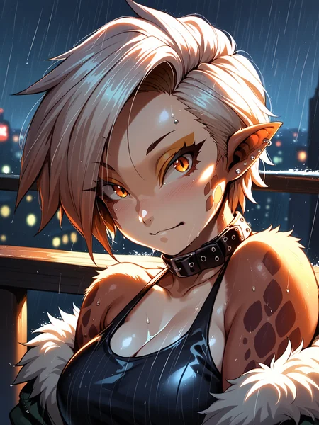 (solo focus, upper body:1.2) <lora:happy_tentacle-riza-v0.1-000036:1>, ht_riza, tail, ear piercing, earrings, belt collar, large breasts, (petite:1.2), <lora:Shed_The_Skin's StS_age_slider_v1_initial_release:-1.2> ( (bare shoulders :1.1) (fur trim :1.1) :1.1) ( ( head tilt :0.8) , , ( fucked silly :1.2) , , :1.1) , outdoors, vegetation, ( :1.1), , (dawn :0.6), rain , (:0.5), , ( :0.8), balcony, skyline, ( :0.8) score_9, score_8_up, score_7_up, score_6_up, score_5_up, score_4_up, ( [(realistic, photorealistic:1.3):(realistic:1.2):14] [(3d:1.2)::12] :1) <lora:LUUNA's Lunas-NijiJourney-SDXL-B2:0.35>, nijijourney <lora:prgfrg23's Counterfeit-V3.0 Style SDXL_LoRA_Pony Diffusion V6 XL:0.35> <lora:mfcg's mfcgXL:0.12> <lora:reweik's gyokai(himehajime)_PonyXL_style_v01:0.14>