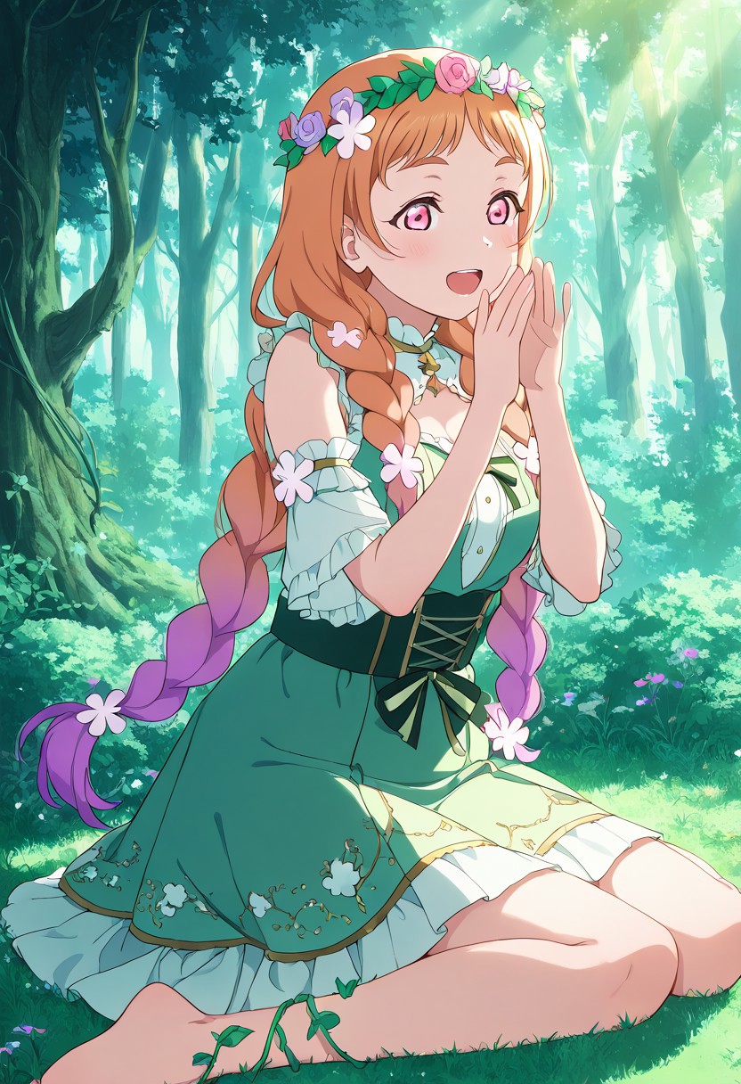 masterpiece, best quality, solo, 1girl, aged up, happy, 
 natsumi_onitsuka, onitsuka_natsumi, long hair, pink eyes, multicolored hair, twin braids, gradient hair, hair ornament, flower crown, enchanted forest idol outfit, moss green and lavender dress, vines wrapping around sleeves, barefoot on glowing grass, bioluminescent flowers lighting the stage, dreamy fog, whispering pose, nature magic and fantasy atmosphere