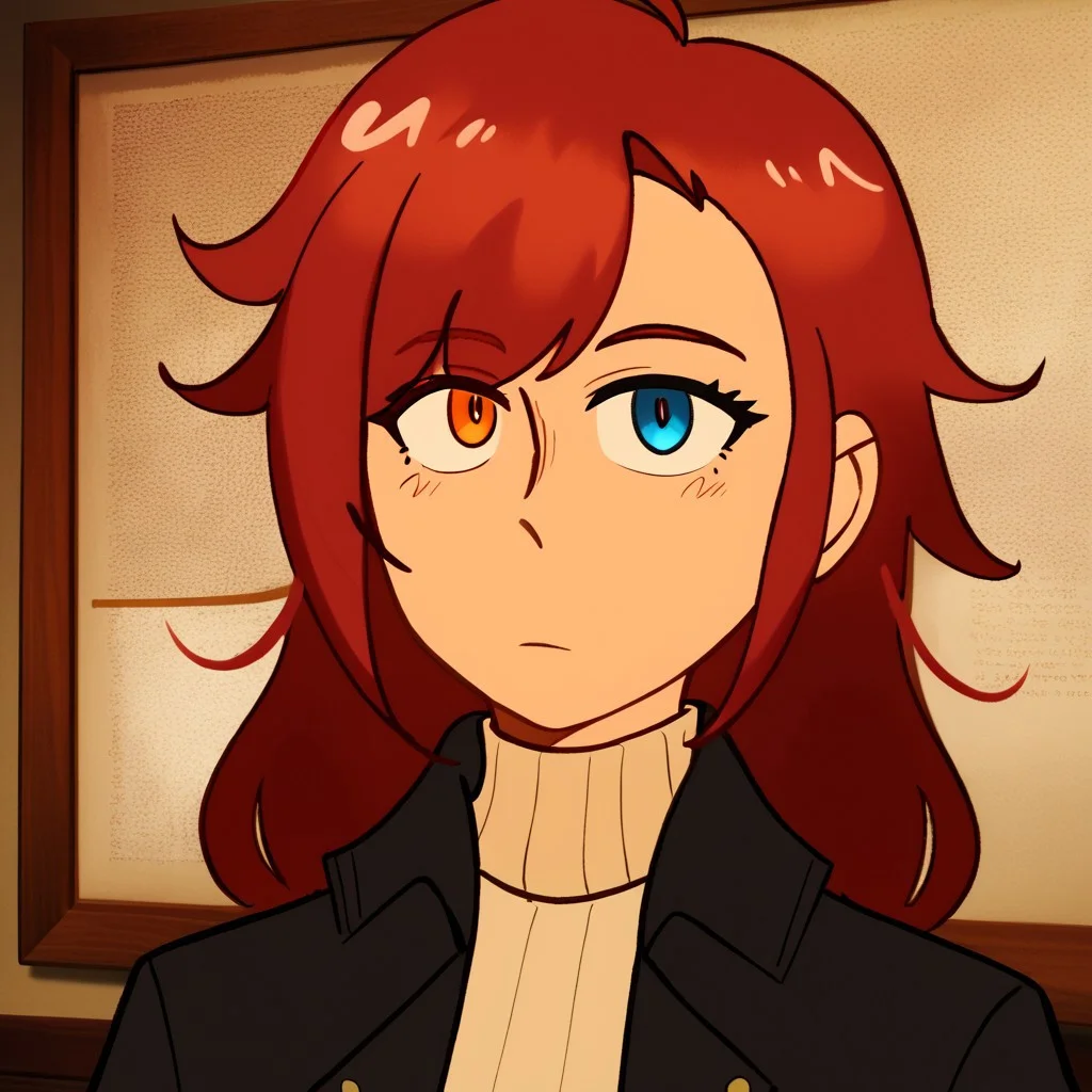 high resolution, amazing quality, score_8_up, facing viewer, long hair, straight hair, maroon hair, asymmetrical bangs, heterochromia, blue eyes, orange eyes, white turtleneck, black jacket, masterpiece, best quality, amazing quality, ahoge, open jacket, portrait