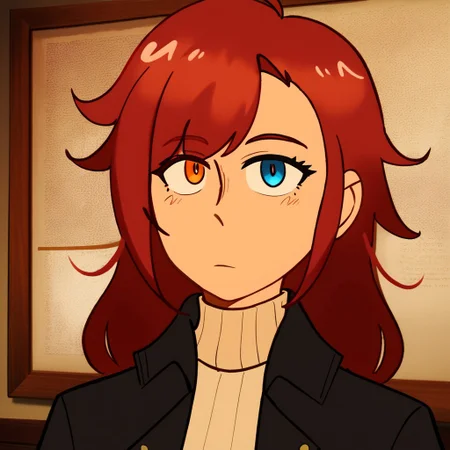 high resolution, amazing quality, score_8_up, facing viewer, long hair, straight hair, maroon hair, asymmetrical bangs, heterochromia, blue eyes, orange eyes, white turtleneck, black jacket, masterpiece, best quality, amazing quality, ahoge, open jacket, portrait