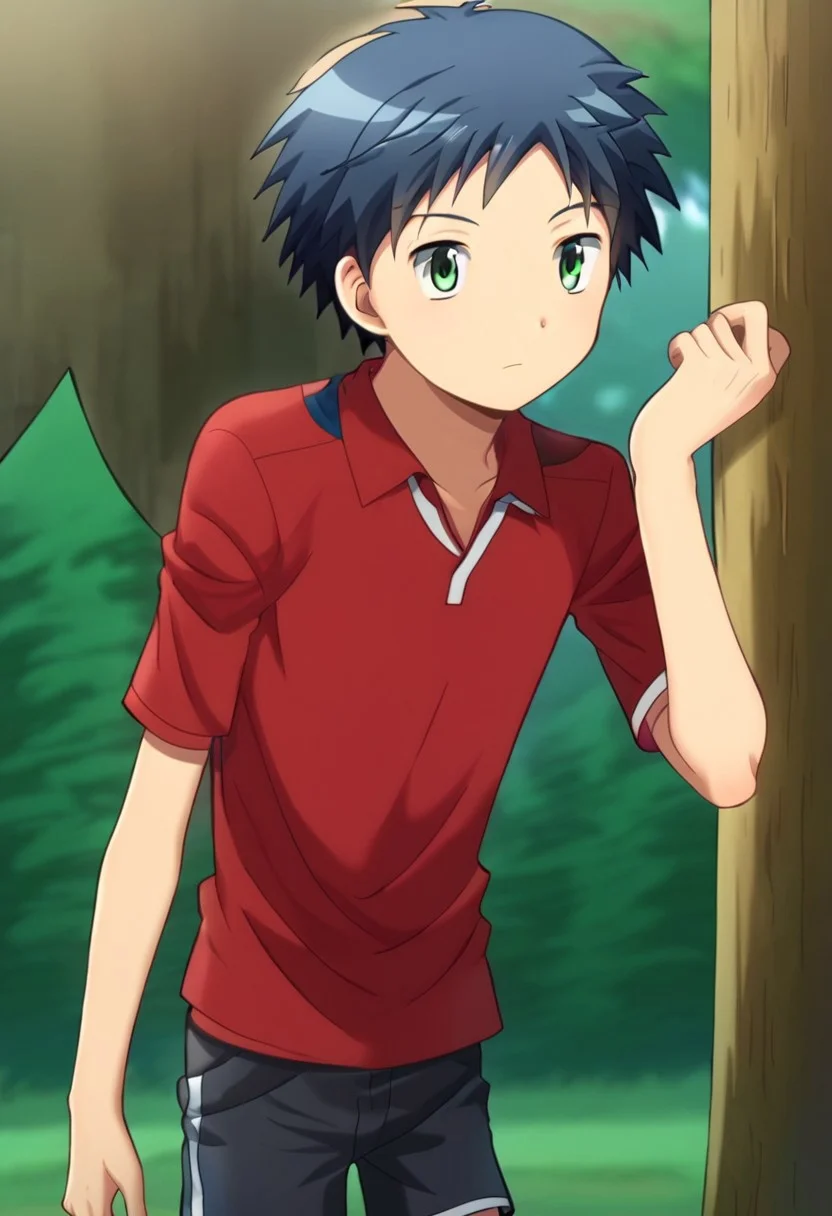 blond hair, short hair, bangs, green eyes, young man, 1boy, solo, solo focus, (kenji's hair:1.1), (tomohito's body:1.20), red shirts, black shorts