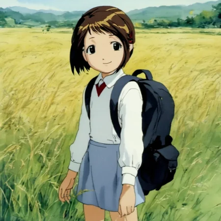 masterpiece, best quality, 1girl, shiina_figure17fsefgas, black socks, fine-face, detailed face, looking at viewer, light smile, rice_field, [school_backpack], upper body, arms_behind_back,child, classic painting by Leonardo da Vince, <lora:figure17Lora_XL-000004:1>