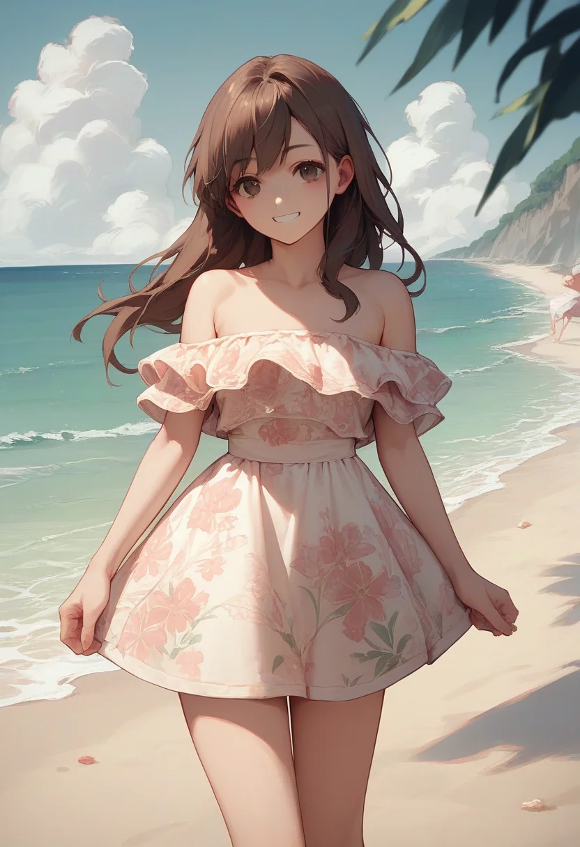score_9, score_8_up, score_7_up, score_6_up, source_anime, 1girl, brown hair, long hair,
off shoulder, floral dress, beach, smile, short dress,
<lora:floral_offshoulder_dress_v1.1-pony:1>