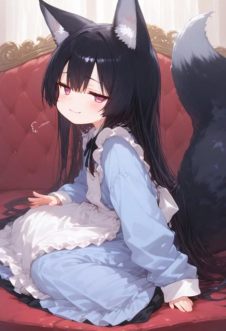 1girl, chibi, solo, long black hair hair, fox ears, pink eyes, maid clothes, oversized clothes, long skirt, wolf tail, long fluffy tail, smug expression, (jitome eyes), blush, looking at viewer, wariza on sofa, lap pillow invitation pose, fantasy, from side, closeup, cute kira kira colors, masterpiece,best quality,amazing quality,ricottestyle