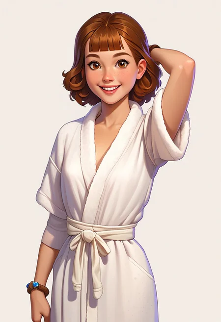 score_9, score_8_up, score_7_up, cgasfcg, masterpiece, best quality, detailed eyes, detailed face, perfect eyes, high detailed, absurdres, highres, casual game art, mobile game art, merge 3 game art, character design, Casgas, BREAK 1girl, woman, young, solo, smile, freckles, small breasts, brown medium hair with blunt bangs, brown eyes, white bathrobe, white bathrobe with a tied belt at the waist, brown bracelet on the left arm, right arm raised and bent at the elbow, left arm at the hip, looking at viewer, standing, cowboy shot, semi-sideways, half-sideways, simple background, white background