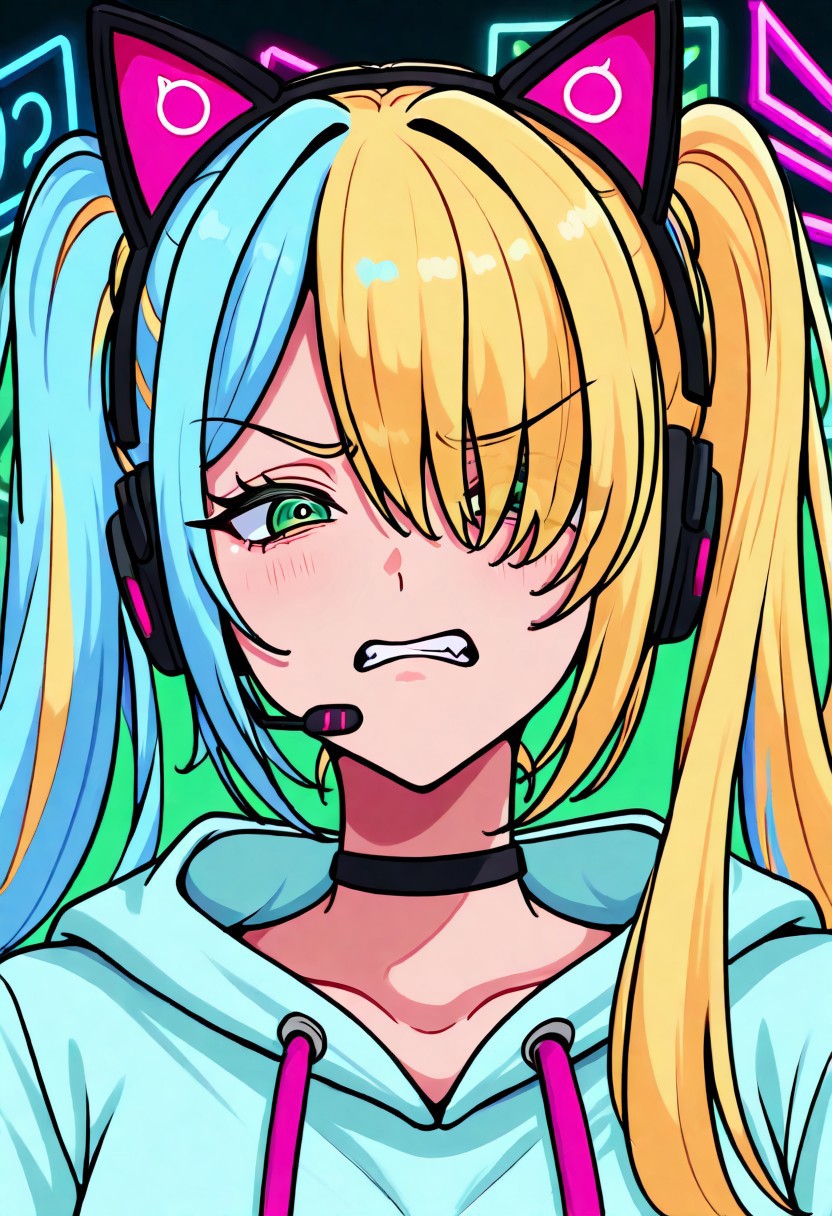 masterpiece, best quality, absurdres, highres, chromatic aberration, 1girl, solo, green eyes, eyelashes, long hair, two-toned hair, blonde hair, blue hair, twintails, bangs, hair over one eye, headset with fake cat ears, black choker, long oversized hoodie, angry, looking at viewer, hypnotized eyes, gamepad controler, upper body, closeup, face focus, simple background, psychedelic background, highly detailed, neon lights, vivid colors