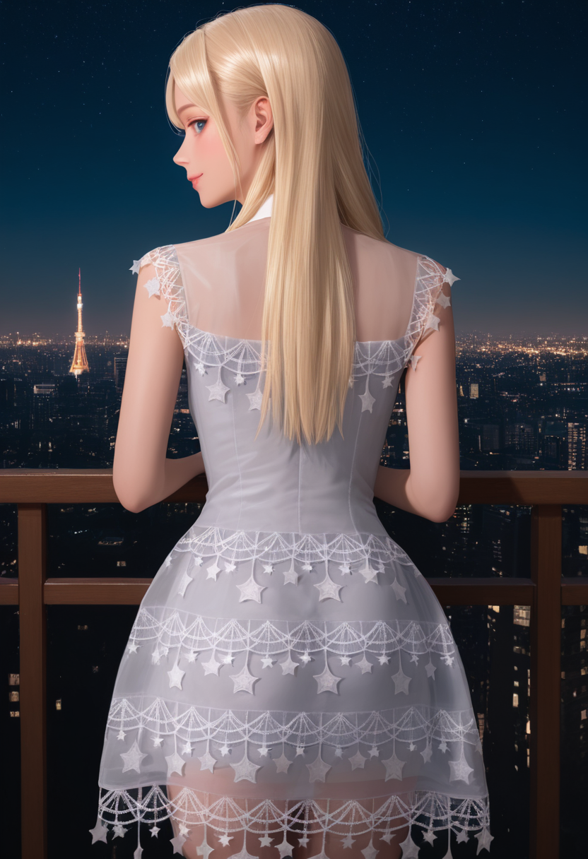 masterpiece,best quality,ultra high res,photorealistic,8K UHD,hyper-detailed,
1girl,solo,
long_hair, blonde_hair, straight_hair,parted_bangs,blue_eyes,freckle 
sleeveless star print dress,
star \(symbol\),see-through,ribbon,short_dress, 
cowboy_shot,from_behind, face away,
(cityscape:0.7),blustar_sky, 
standing,night,smile,looking_at_viewer,  

 






