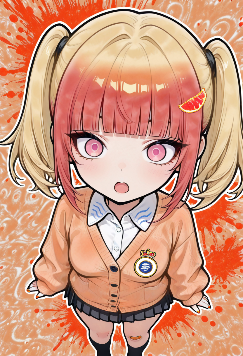 masterpiece, best quaility, graphic design, vibrant colors, b4lt1k40g, 1girl, solo, medium hair, twintails, blunt bangs, multicolored hair, gradient hair, red hair, yellow hair, hair ornament, pink eyes, orange cardigan, collared white shirt, black pleated skirt, bandaiid on knee, nail polish, small breasts, (chibi:1.4), shortstack, from above, high angle, looking at viewer, wide open mouth, wide open eyes, orange theme, abstract background, shocked, small body,