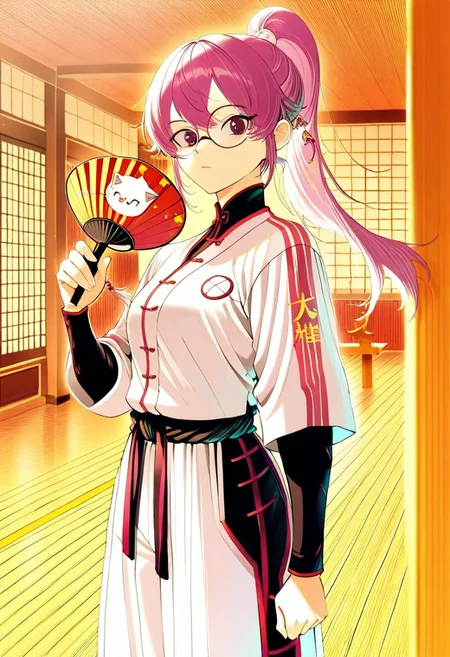 score_9, score_8_up, score_7_up, 1girl, solo, looking at viewer, Kitty Cartwright, dojo, holding fan