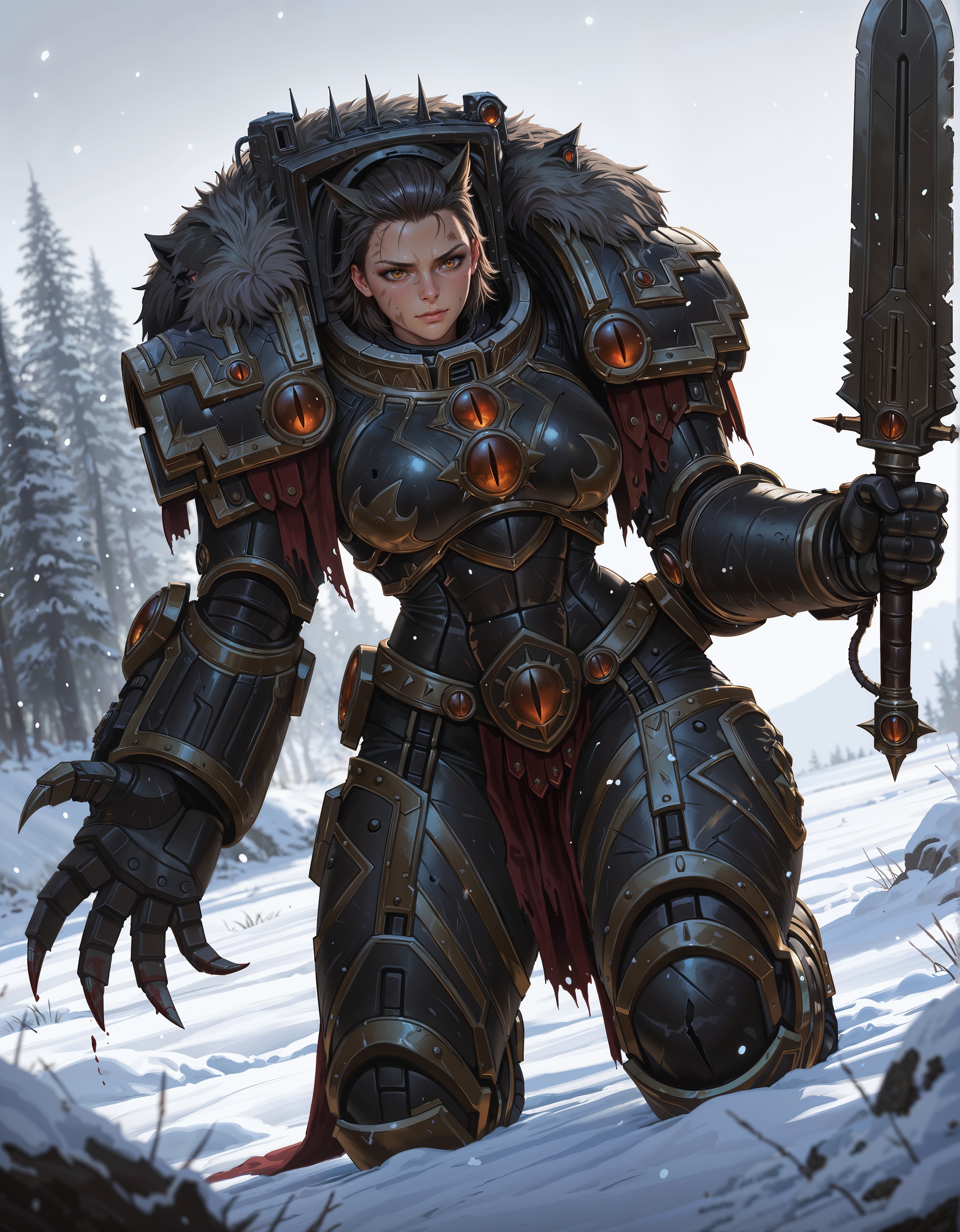 masterpiece, best quality,high quality, newest, highres,8K,HDR,absurdres, dynamic angle, realistic, 1girl, iLLHorusL40K, power armor, kneeling, snow, holding a sword, power claw, dirty, bloody,  <lora:iLLHorusL40K:1>