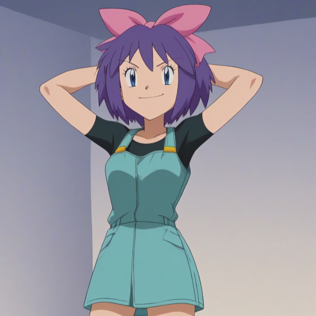 Score_9_up, Score_8_up, Score_7_up, easynegative, ng_deepnegative_v1_75t, anime coloring
hands behind head, smirk, 1girl, indoors
Kelly_Hoenn_(Pokemon), short hair, purple hair, pink bow, hair ribbon, blue eyes, overall skirt, shirt