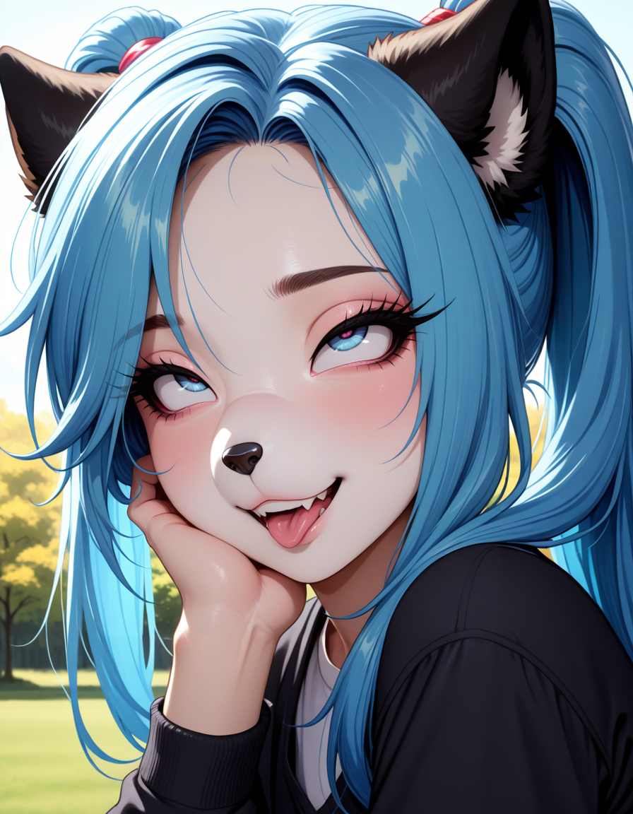 masterpiece, best quality, very aesthetic, absurdres,
outdoors,
upper body, headshot, face focus,
seductive smile, parted lips, long eyelashes,
<lora:Moisha_v01_NAIXL:1> Moisha,1boy,solo,furry,furry male,male focus,otoko no ko,animal ears,blue hair,long hair,ponytails,blue eyes,snout,animal nose,dog tail,