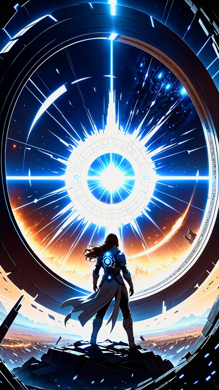 cinematic light epic shot action pose beautiful model with half computer code body and half human in a combat zone, battlefield, universe made of mirror, Portal rupture in time, insanely detailed and intricate, lord of the ring concept art, far away shot, backlight digital painting, highly detailed, masterpiece