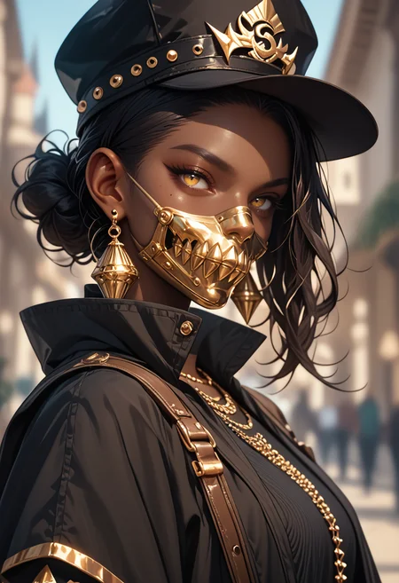 (score_9, score_8_up), score_7_up, 1girl, hat, jewelry, dark skin, blurry, dark-skinned female, black headwear, depth of field, blurry background, gold, mouth mask, horns, spikes
<lora:masky-000009:0.8>