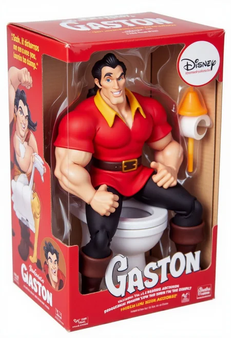 The image is a photograph of a boxed action figure from the "Gaston" line, featuring a muscular Gaston wearing red sitting on a toilet. The action figure is displayed in a red and white packaging that includes a cardboard backing with a white label at the top featuring the "Disney" logo. Extra text: "Gosh, it disturbs me to see you, Gaston Looking so down in the dumps.". Accessories include toilet paper and plunger.