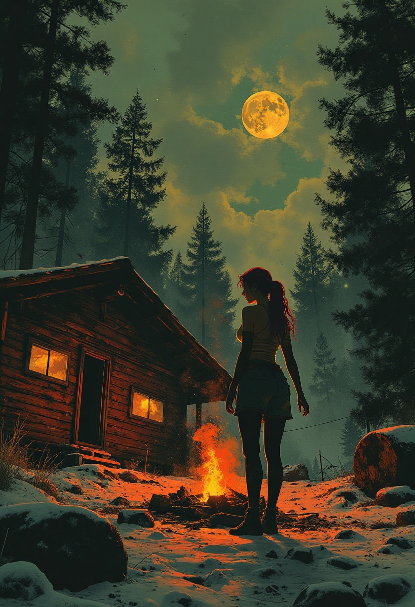 Create a photorealistic image of a remote, snow-covered cabin at night, encircled by a blazing bonfire. The fire casts long shadows, deterring a pack of wolves lurking at the edge of the forest. Focus on dramatic lighting and the contrast between warm firelight and cold moonlight.   A beautiful woman is in  silhouette in the foreground with the campfire backlighting her red hair and beautiful body.  <lora:Luminous_Shadowscape:0.8>