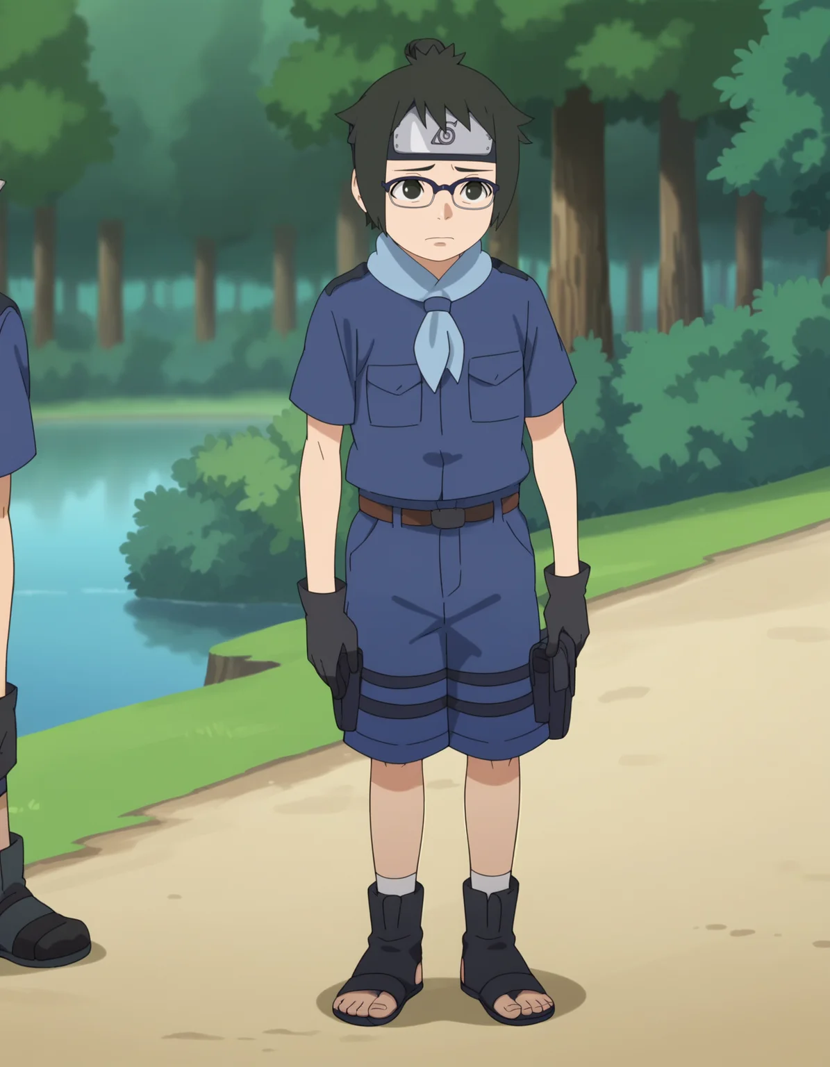 score_9, score_8_up, score_7_up, source_anime,anime screencap,anime coloring,
uncensored,
denki,1boy, glasses,black hair,black eyes,blue-framed eyewear,
blue shirt, forehead protector,konohagakure symbol,shorts,black gloves,short sleeves,toeless footwear,black footwear,
standing, solo focus,
perfect anatomy,
scenery,outdoors,forest,
<lora:Denki_Kaminarimon:0.9>