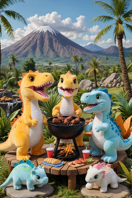 A plush dinosaur family having a barbecue picnic in a prehistoric valley. The scene is playful and colorful, with palm trees, volcanoes in the distance, and other plush dinosaurs playing games. The baby dinosaurs are eagerly watching the food being grilled.
intricate details.
(masterpiece, award winning artwork)
many details, extreme detailed, full of details,
Wide range of colors, high Dynamic
<lora:woafu_plushify_sdxl_v02:1.1> plushify, character stuffed toy, chibi <lora:add-detail-xl:1> <lora:WildcardX-XL-Detail-Enhancer:0.85> <lora:xl_more_art-full_v1:0.3>
