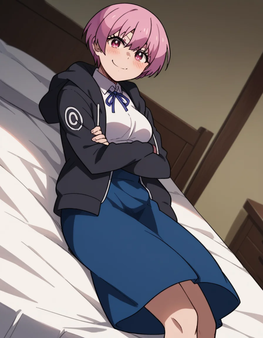 score_9, score_8_up, score_7_up, source_anime, <lora:inca-kasugatani-s2-ponyxl-lora-nochekaiser:1>, inca kasugatani, short hair, pink hair, pink eyes, medium breasts,, skirt, shirt, ribbon, jacket, white shirt, blue skirt, neck ribbon, blue ribbon, purple ribbon, indoors, bed, bed room, on side, blush, drunk,, smile, crossed arms, smug, looking at viewer, solo,, dutch angle, cowboy shot