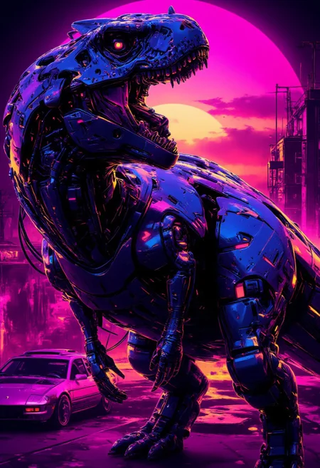 Inkpunk Anime, silhouette art, ck-rw, in the style of ck-rw,, a_skynet_cyberdyne_systems_craft, the image is featuring a robotic cyberpunk dinosaur, titanium and chrome, robot wires and circuitry, robot joints, glowing lights, silhouetted, chiascuro, glowing eyes, abstract surreal neon-hued background