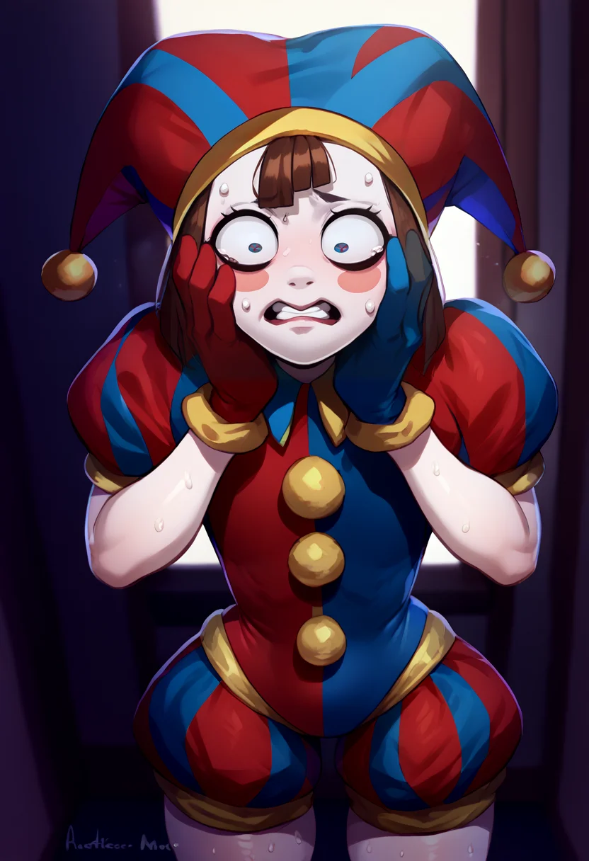 score_9, score_8_up, score_7_up, solo, 1girl, pomni, colored skin, blush stickers, sweat, scared, teeth, hands on own cheeks, jester cap, striped clothes, puffy short sleeves, mismatched gloves, puffy shorts, indoors <lora:style_aestheticc-meme_ponyXL:1> <lora:digitalcircus_pomni_ponyXL:1>