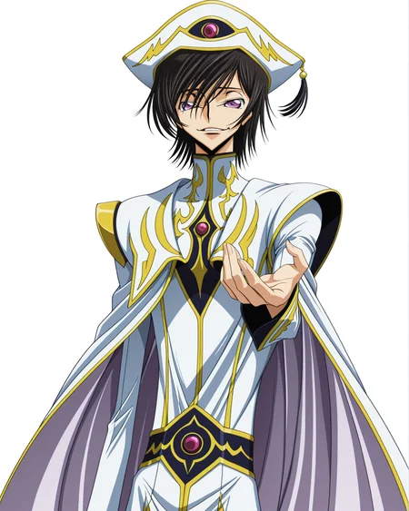 anime coloring,anime screencap,
highres,best quality,masterpiece,
shiny skin,
BREAK
<lora:transparent-background-illustriousxl-lora-nochekaiser:1>,transparent background,simple background,white background,
Code Geass,
BREAK
LeluBritish,
1boy,solo,male focus,purple eyes,black hair,<lora:Lelouch_vi_Britannia_Zero_Code_Geass:1>,
Lelimperator,hat,long sleeves,cape,white headwear,gem,white cape,
standing,evil smile,reaching_out,
upper_body,