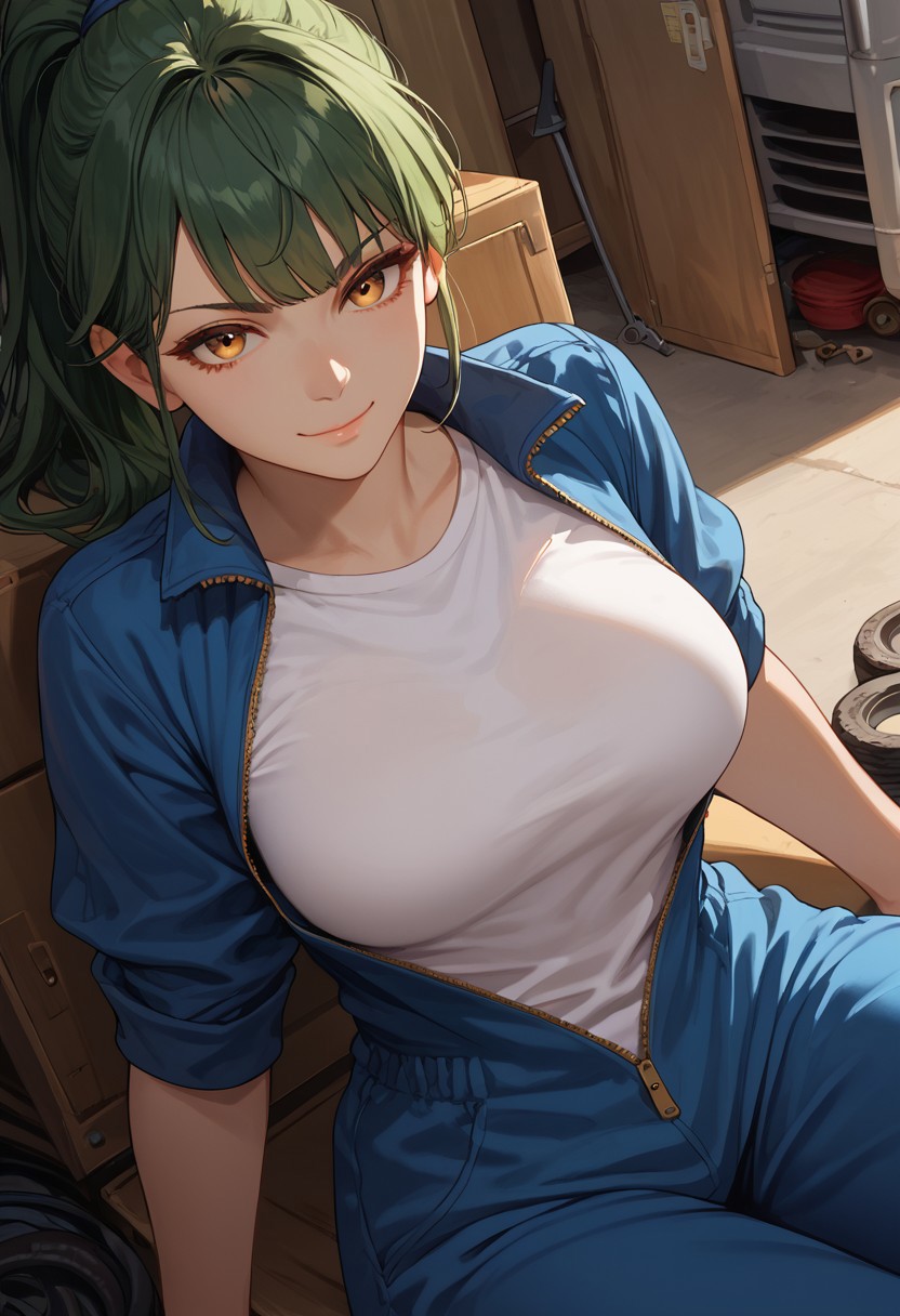 (score_9, score_8_up, score_7_up), 1girl, solo, green hair, amber eyes, long hair, ponytail, straight bangs, mechanic girl, 26 years old, large breasts,
fisheye, dutch angle, (face focus, close-up:1.1), 
rolled up sleeves, unzipped blue jumpsuit, dutch angle, (white t-shirt:0.8), from above,
smug, reclining, leaning back,
inside garage,