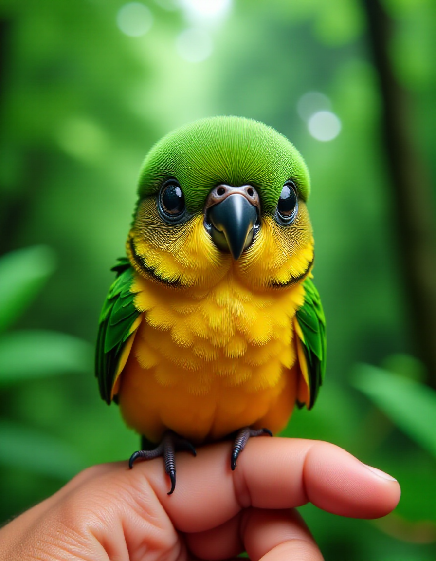 small zhibi parrot, cute, sitting on a finger, wild rain forrest background<lora:zhibi_flux:1>