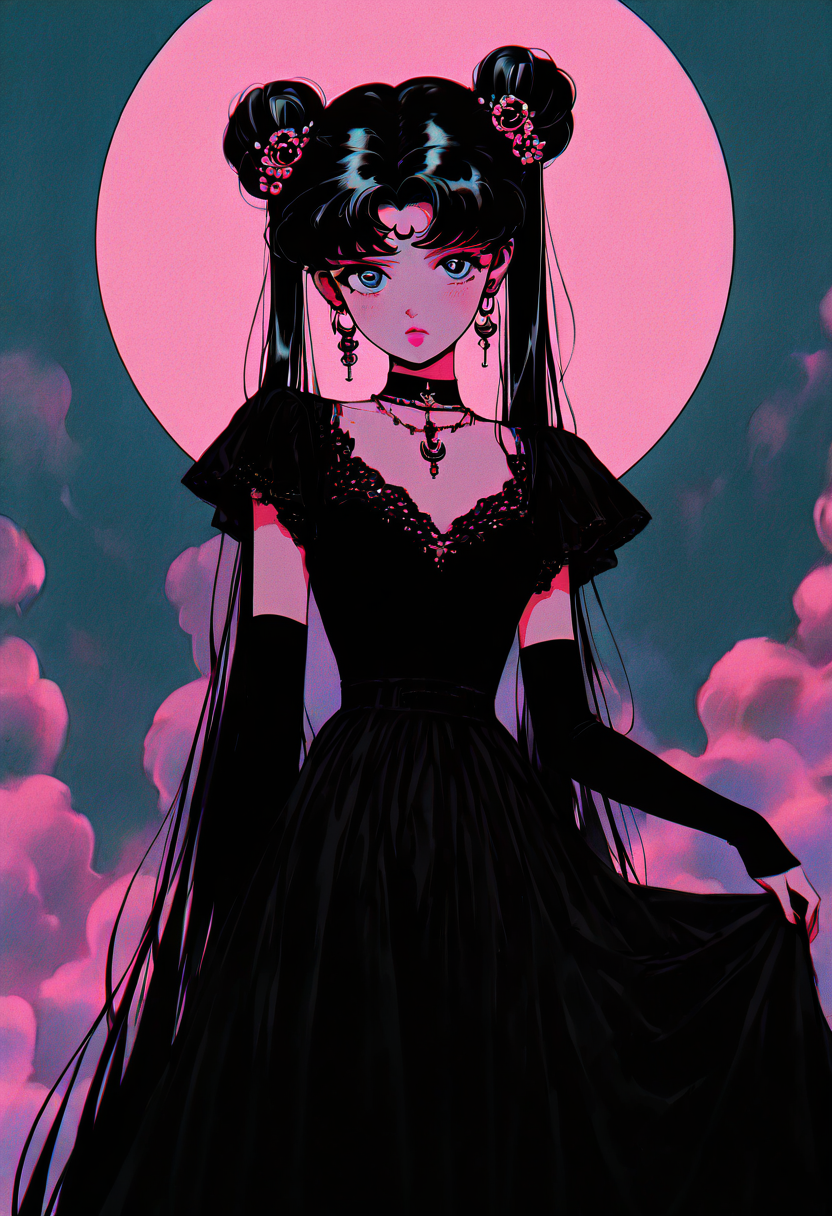 (masterpiece, best quality, good quality, very aesthetic, absurdres),    1girl, solo, eyelashes, (beautiful eyes),   pink neon,  1girl, solo, long hair, looking at viewer, bangs, blue eyes, black hair, hair ornament, dress, twintails, jewelry, very long hair, collarbone, earrings, detached sleeves, sky, alternate costume, choker, cloud, hair bun, black dress, parted bangs, double bun, facial mark, moon, crescent, full moon, forehead mark, black sleeves, film grain, crescent earrings, crescent facial mark, tsukino usagi, long hair, looking at viewer, blue eyes, black hair, hair ornament, very long hair, flower, short sleeves, parted lips, detached sleeves, alternate costume, hair flower, hair bun, black dress, parted bangs, double bun, facial mark, lace, forehead mark, skirt hold, limited palette, crescent earrings, crescent facial mark, tsukino usagi  ,<lora:GothRetroNAI:1.0>,