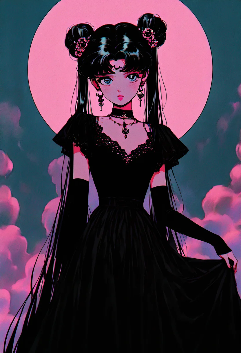 (masterpiece, best quality, good quality, very aesthetic, absurdres), 1girl, solo, eyelashes, (beautiful eyes), pink neon, 1girl, solo, long hair, looking at viewer, bangs, blue eyes, black hair, hair ornament, dress, twintails, jewelry, very long hair, collarbone, earrings, detached sleeves, sky, alternate costume, choker, cloud, hair bun, black dress, parted bangs, double bun, facial mark, moon, crescent, full moon, forehead mark, black sleeves, film grain, crescent earrings, crescent facial mark, tsukino usagi, long hair, looking at viewer, blue eyes, black hair, hair ornament, very long hair, flower, short sleeves, parted lips, detached sleeves, alternate costume, hair flower, hair bun, black dress, parted bangs, double bun, facial mark, lace, forehead mark, skirt hold, limited palette, crescent earrings, crescent facial mark, tsukino usagi ,<lora:GothRetroNAI:1.0>,