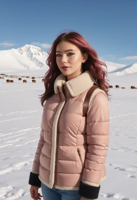 white Oversized shearling padded down vest, white Oversized shearling padded puffer vest, Oversized shearling padded winter clothes, very very cold, realistic, feet out of frame, standing, walking, 1girl, solo, masterpiece, illustration, beautiful detailed sky, beautiful-detailed eyes, eyeliner, eyelashes, arrogant, half-closed eyes, condescending look, condescending satisfied look, condescending light smile, seductive look, lookng at viewer, cinematic light, ultra detailed, disheveled hair, pink hair, long hair, light blue eyes, curly hair, pink choker, bracelet, wet, day, sky, sunlight, (pressure sherpa cuffs:1.8), (pressure sherpa collar:1.8), (Thick padded cuffs:1.4), (Thick padded collar:1.4), <lora:Collar-SDXL:0.75>, <lora:Cuffs-SDXL:0.75>, <lora:fashion_lora:0.6>