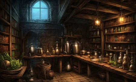 medieval, interior, medieval interior, wooden interior, table, chair, big black cauldron, shelves, books, scrolls, window covered with thin see-through animal hides, (jars filled with mysterious ingredients for brewing potions with:0.8), herbs, a small pestle and mortar, 
HD, very detailed, ambient lighting,
<lora:more_details:1> <lora:Bloodborne:0.25> ,   <lora:FantasyInteriors:0.4> fanint <lora:FantasyStudy:0.4> fanstu