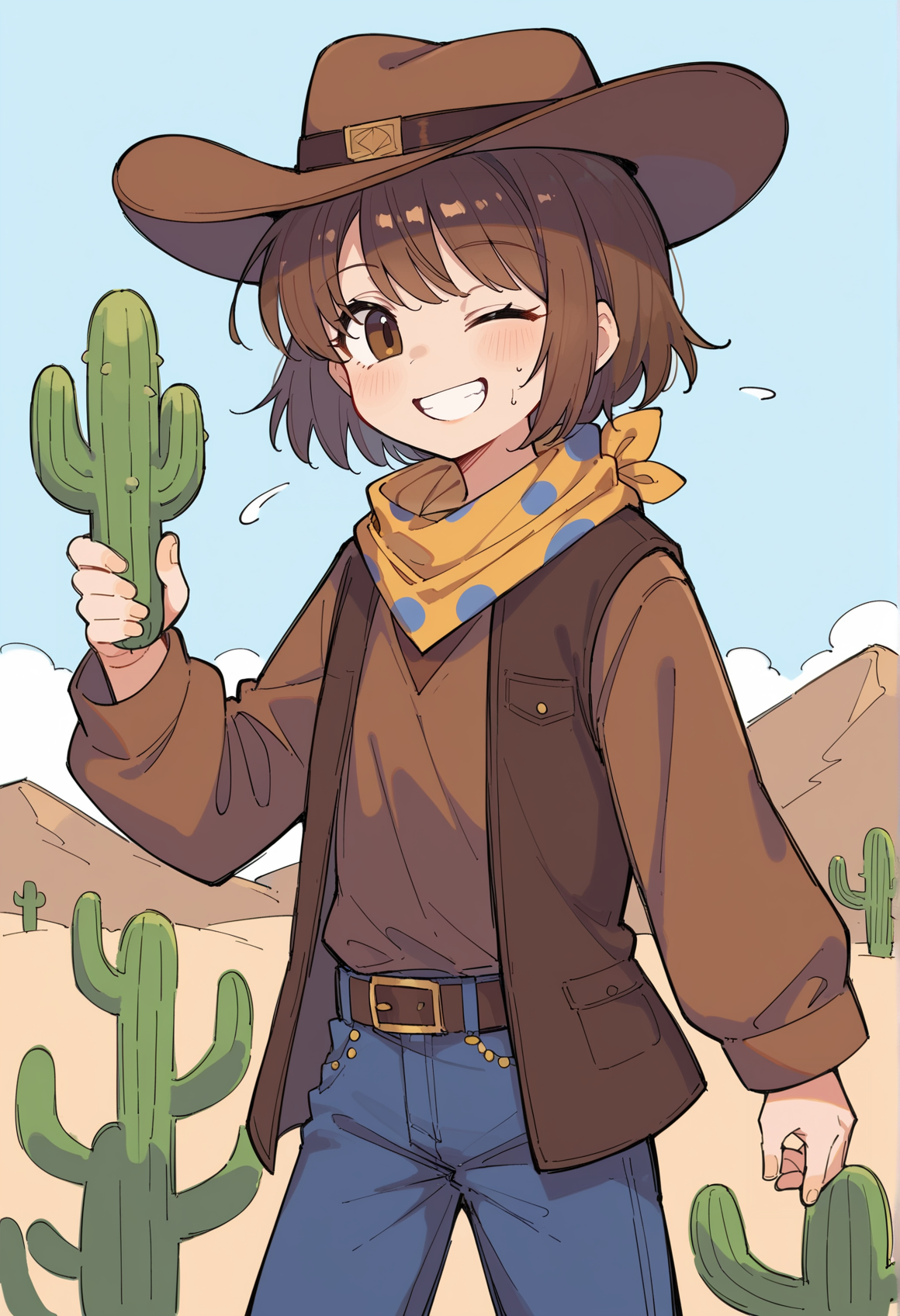 outdoors, desert, cactus, sweat, 1girl, smile, wink, brown hair, short hair, brown eyes, cowboy hat, Bandana Around Neck, polka dot, brown shirt, long sleeves, vest, belt, jeans  <lora:Clover_Undertale:1>, score_9, score_8_up, score_7_up, score_6_up, score_5_up, score_4_up, BREAK source_anime, masterpiece