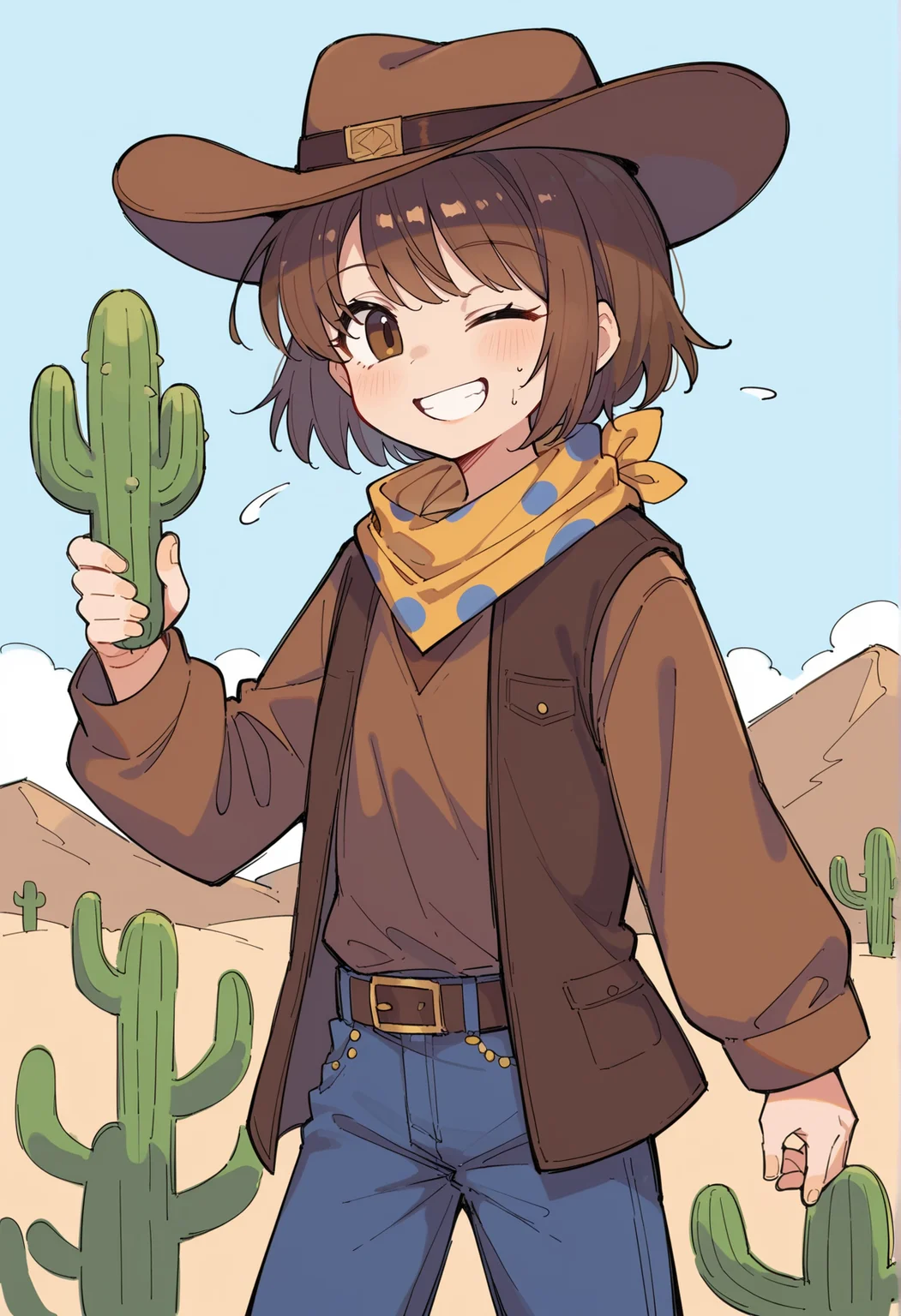 outdoors, desert, cactus, sweat, 1girl, smile, wink, brown hair, short hair, brown eyes, cowboy hat, Bandana Around Neck, polka dot, brown shirt, long sleeves, vest, belt, jeans <lora:Clover_Undertale:1>, score_9, score_8_up, score_7_up, score_6_up, score_5_up, score_4_up, BREAK source_anime, masterpiece