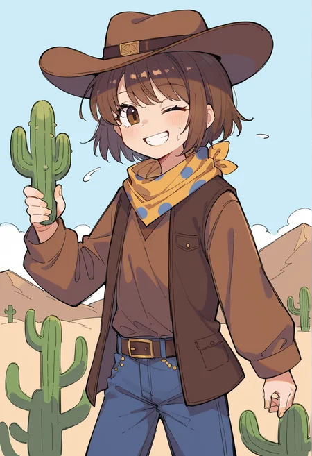 outdoors, desert, cactus, sweat, 1girl, smile, wink, brown hair, short hair, brown eyes, cowboy hat, Bandana Around Neck, polka dot, brown shirt, long sleeves, vest, belt, jeans <lora:Clover_Undertale:1>, score_9, score_8_up, score_7_up, score_6_up, score_5_up, score_4_up, BREAK source_anime, masterpiece