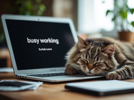 a cat taking a nap on a desk. the text "busy working" is written on a laptop