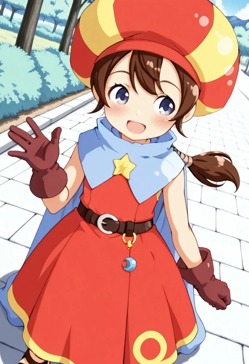 masterpiece,anime_coloring,anime_clothing,amazing_quality,Tokia_DMO, 1girl, solo,gloves, brown hair, ponytail,red yellow hat, star \(symbol\), cape, sleeveless,red dress, long dress,belt, Sandals, close-up face,open mouth,blush,smile,outdoor,dynamic angle,