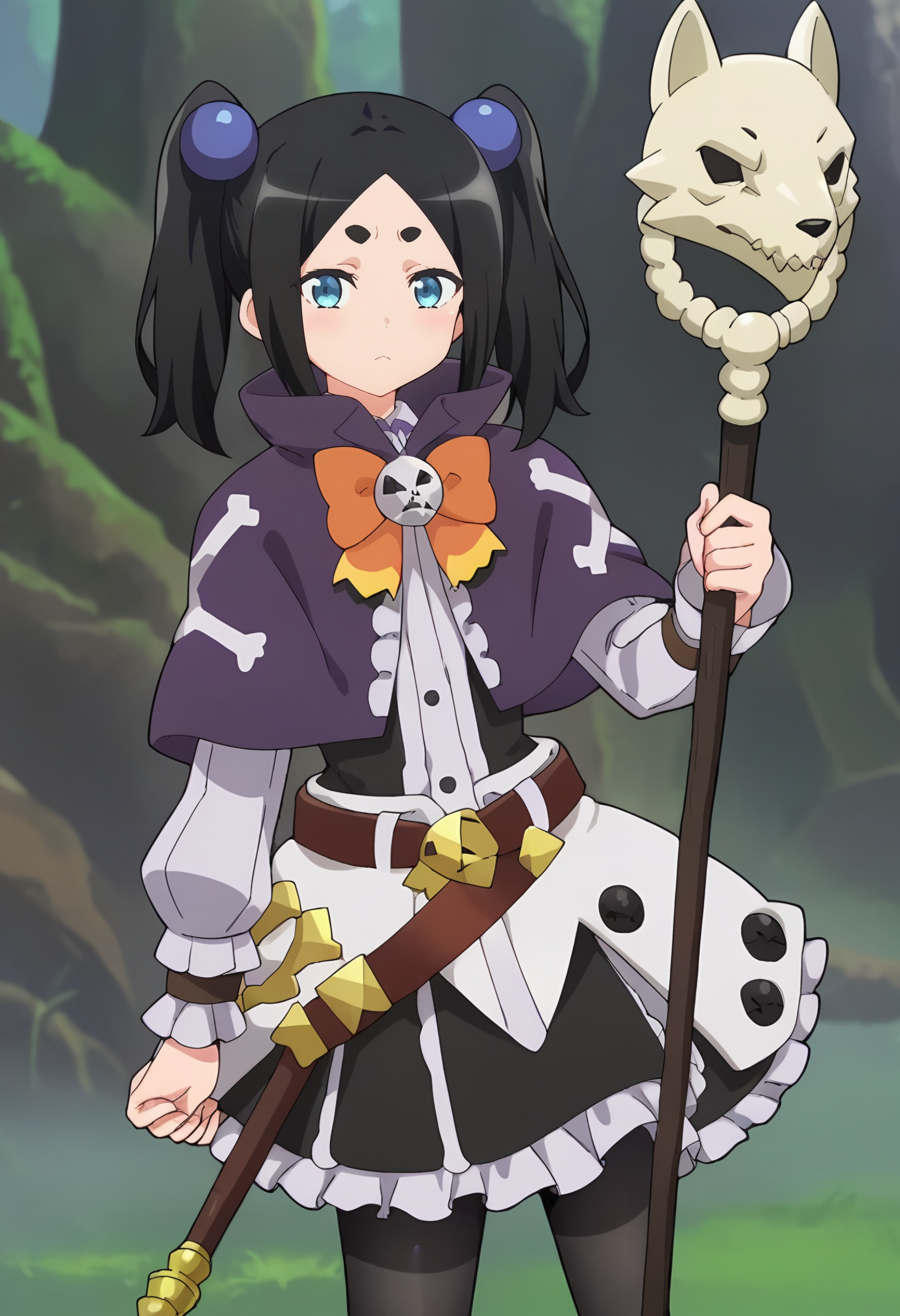 tokkishiko dana, black hair, 1girl, thick eyebrows, blue eyes, solo, twintails, hair bobbles, long hair,    , purple capelet, orange bowtie, thick eyebrows, bowtie, shirt,black pantyhose, staff,  belt, holding staff, skull, skirt, frills,  looking at viewer,  <lora:Tokkishiko Dana:0.9>, score_9, score_7_up,anime coloring ,source_anime, anime
