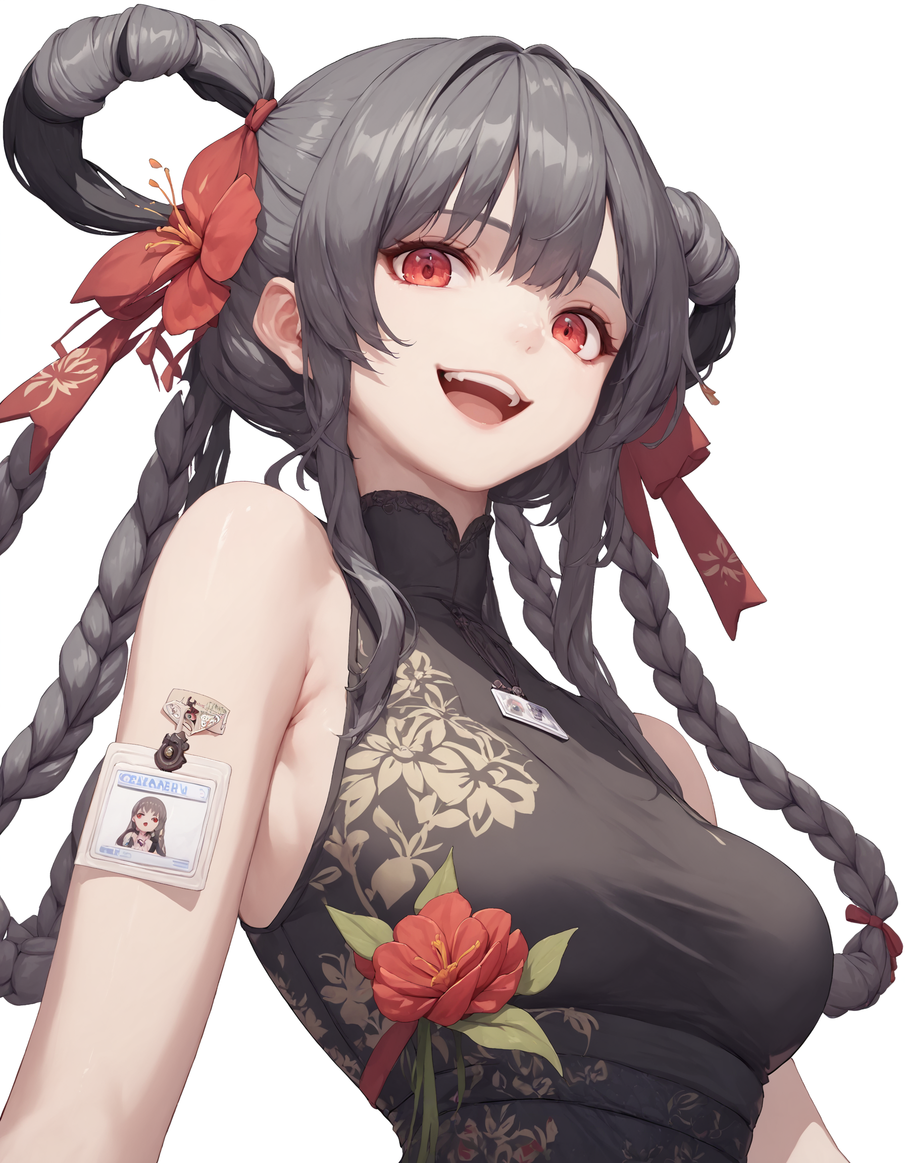 score_9, score_8_up, score_7_up, score_6_up, score_5_up, score_4_up, Nikkedusk_Style, white background, medium breasts, flower, braid, floral print, red eyes, open mouth, simple background, bare shoulders, looking at viewer, sleeveless, black dress, id card, solo, dress, smile, grey hair, red ribbon, long hair, upper body, teeth, black hair, hair rings, ribbon, from below, 1girl <lora:GoddessofNikkie_PonyXL:1>