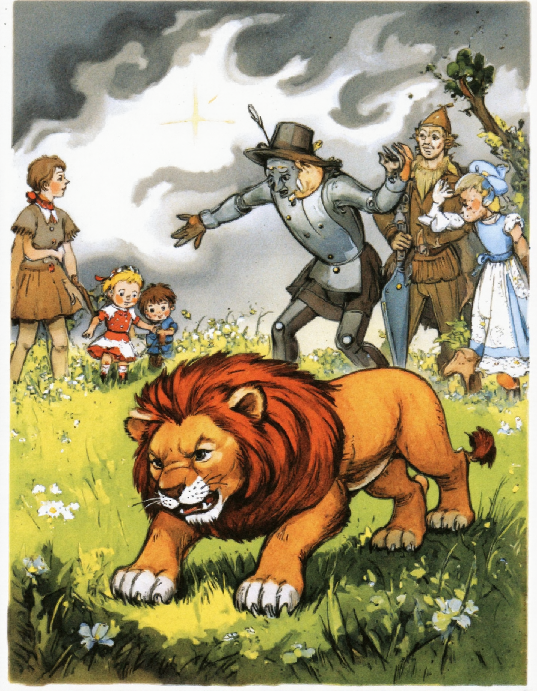<lora:LV_NEW:1>, A timid Lion crouching in a meadow, his mane styled like a crown but his eyes wide with fear. Dorothy, Toto, Scarecrow, and Tin Woodman stand nearby, offering reassurance. Style: Vladimirsky's expressive character poses and dynamic composition. The grass is textured with fine brushstrokes, and the sky has swirling clouds. Include subtle floral motifs in the borders, lighting