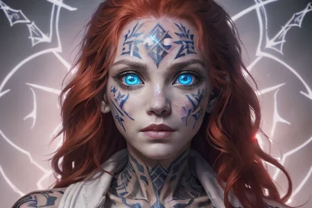 bright red hair, human female, (feminine:1.7), (beautiful face, detailed face:1.6), (beautiful eyes, detailed eyes:1.7), (looking at viewer, eye contact, intense:1.6), (long hair, red hair, curly hair:1.3), , ((masterpiece, best quality, high resolution, realistic, best quality,)), photo realistic, Perfect Face, (detailed face). <lora:GoodHands-vanilla:0.6> <lora:add-detail-xl:0.8>, mage, (Dress White military uniform coat), dagger, rune dagger, glowing runes, , (((glowing magic symbols tattoos, religious tattoos))), ((face tattoos)), glowing tattoos, stone tower in the background