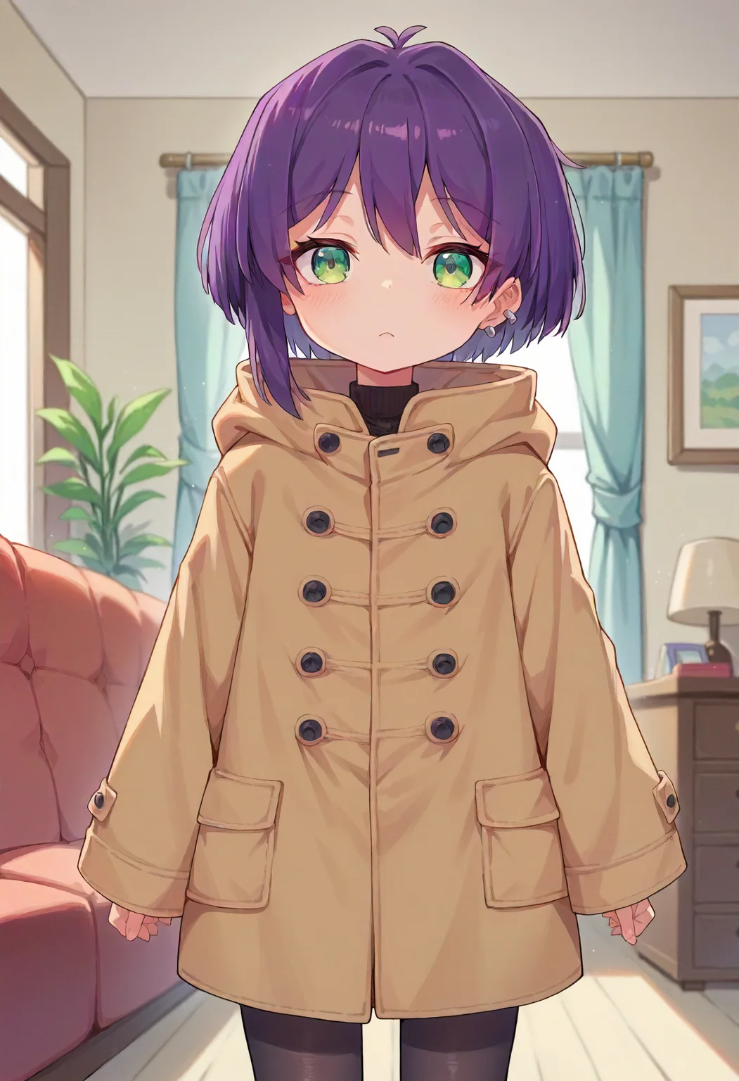 score_9, score_8_up, score_7_up, source_anime, masterpiece, <lora:Warui_Hito:1>, 1girl, solo, child, female child, purple hair, green eyes, ahoge, one earring, colored, beautiful colors,
long brown coat, black pantyhose,
standing, looking at viewer,
indoors, living room, <lora:Warui_Hito:1>