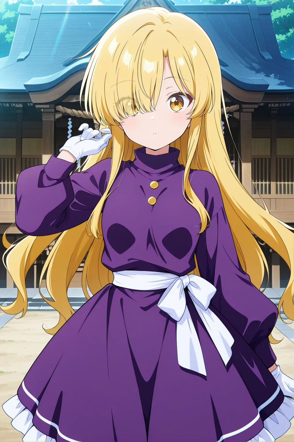 absurdres, highres, masterpiece, best quality, amazing quality, official anime artwork, screencap, anime screencap, outdoors, looking at viewer, dynamic pose, 
 <lora:Marisa-Kirisame-PC98_Illustrious:1> Marisa98, 1girl, solo, yellow eyes, blonde hair hair, long hair, hair over one eye, sidelocks, small breasts,, purple turtleneck, purple dress, frilled skirt, puffy long sleeves, yellow buttons, white gloves, white sash,  
day, shrine,