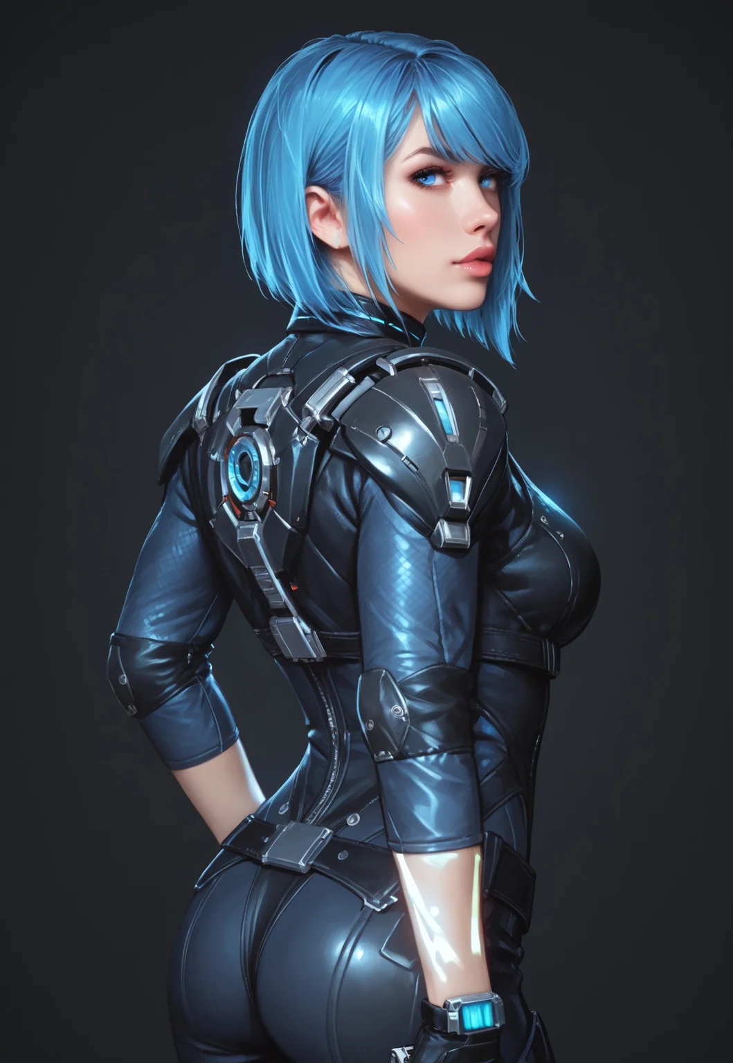 safe_pos, core_9, score_8_up, score_8, semi realistic, ultra detailed, 8k, high quality, hi res, high quality, detailed eyes, perfecteyes, detailed face, 1girl, sharp focus, cowboy-shot, focus on hip, (1girl:1.2), Nyx from Quake Champions, futuristic assassin outfit, (((pistol in hand))), pale skin, ((glowing bobcut blue hair, side bangs)), realistic, cinematic angle, cinematic lighting, athletic body, intense face, glowing blue eyes, stealthy pose
BREAK
infiltrating a high-tech corporate facility at night
BREAK
source_sci_fi_art, rating_explicit, expressive, half body, back view, dynamic pose
BREAK
detailed beautiful background, futuristic architecture, neon lights, advanced security systems, holographic displays, dark shadows, tense atmosphere
(((full clothed)))