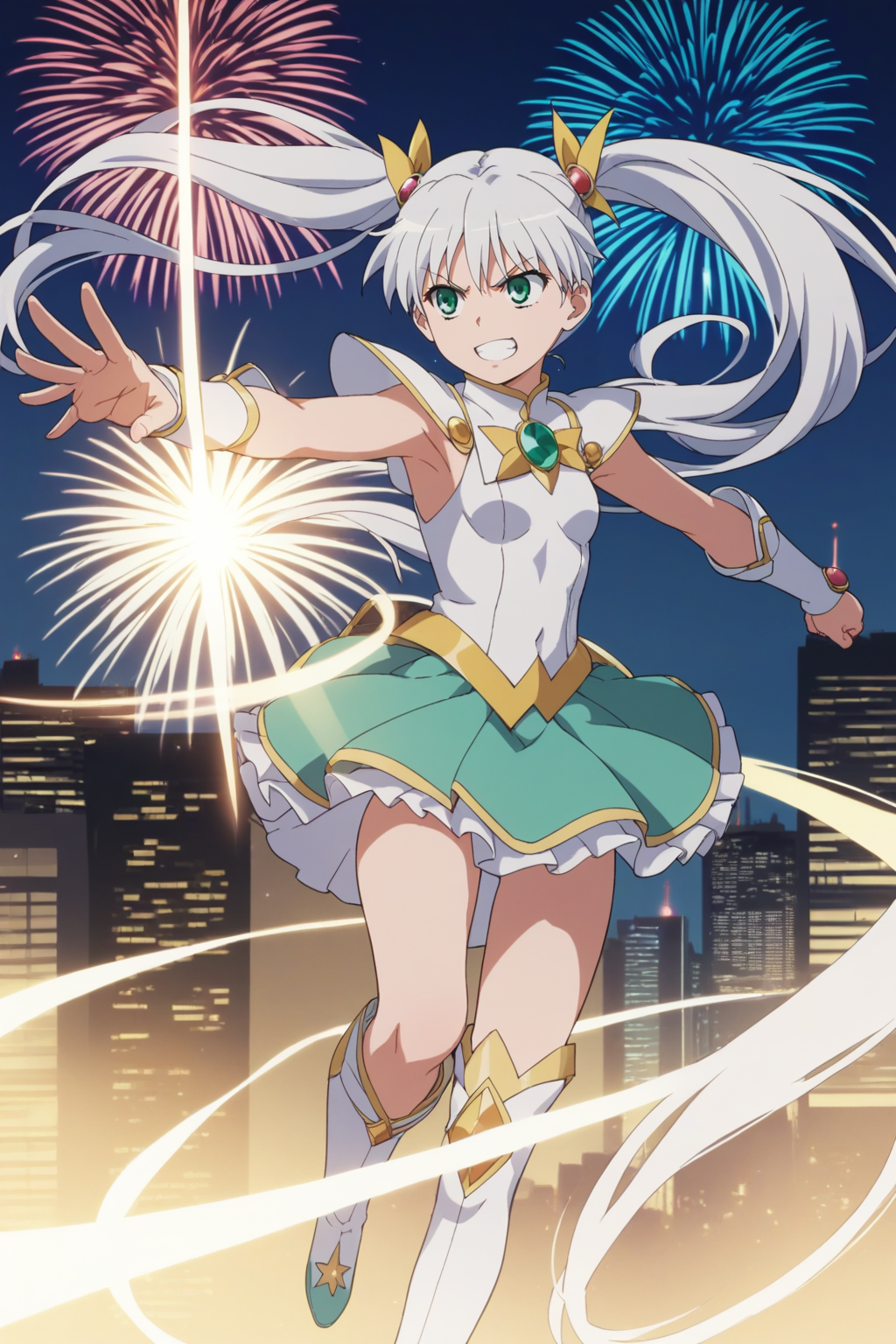 score_9, score_8_up, score_7_up, source_anime, 1girl, prefect lighting, very aesthetic, intricate details, highly detailed background, masterpiece, high quality, prefect hands, best quality, solo,
<lora:Index_Librorum_Prohibitorum_A_Certain_Magical_Index_V1:.85>, KJOindex, white hair, green eyes, long hair, twintails, 
magical girl, 
action, action pose, flexing, smug, angry,
city, street, night, fireworks, in the sky, flying,
(Beautiful, small Breasts:1.2), natural breasts,