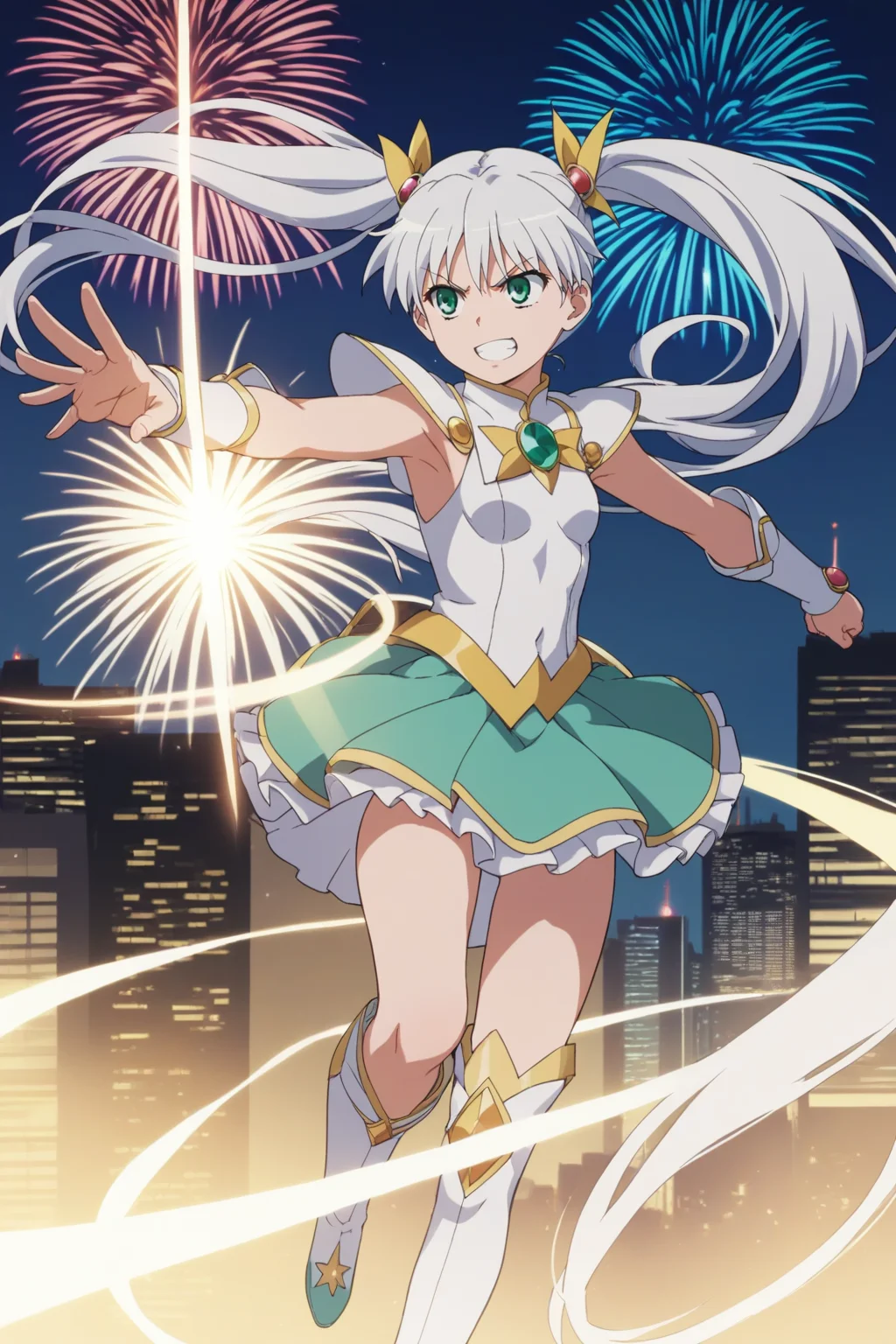 score_9, score_8_up, score_7_up, source_anime, 1girl, prefect lighting, very aesthetic, intricate details, highly detailed background, masterpiece, high quality, prefect hands, best quality, solo,
<lora:Index_Librorum_Prohibitorum_A_Certain_Magical_Index_V1:.85>, KJOindex, white hair, green eyes, long hair, twintails,
magical girl,
action, action pose, flexing, smug, angry,
city, street, night, fireworks, in the sky, flying,
(Beautiful, small Breasts:1.2), natural breasts,