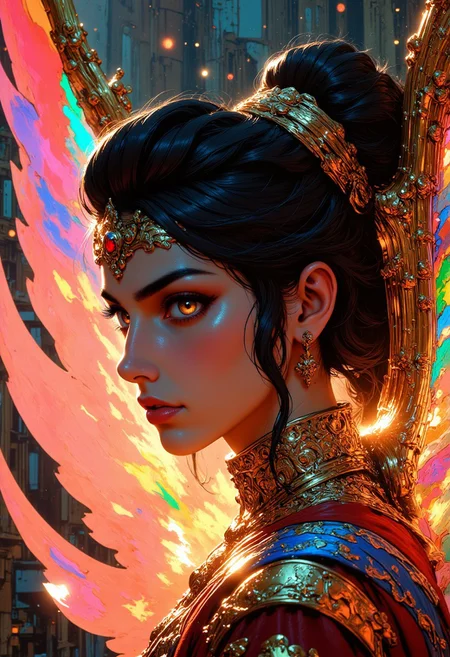 masterpiece, best quality, masterpiece, best quality, good quality, very aesthetic, absurdres, newest, 8K, depth of field, focused subject, close up, stylized, in gold and neon shades, wabi sabi, 1girl, rainbow angel wings, looking at viewer, dynamic angle, from below, from side, relaxing, dramatic lights, Cinematic, beautiful, vibrant, masterpiece, 32k, ultra HD, ultra-detailed, amazing quality, amazing artist, sharp edges, detailed textures, full view, atmospheric lighting, amazing visuals, dramatic lights, Cinematic, beautiful, vibrant, masterpiece, 32k, ultra HD, ultra-detailed, amazing quality, amazing artist, sharp edges, detailed textures, full view, atmospheric lighting, amazing visuals