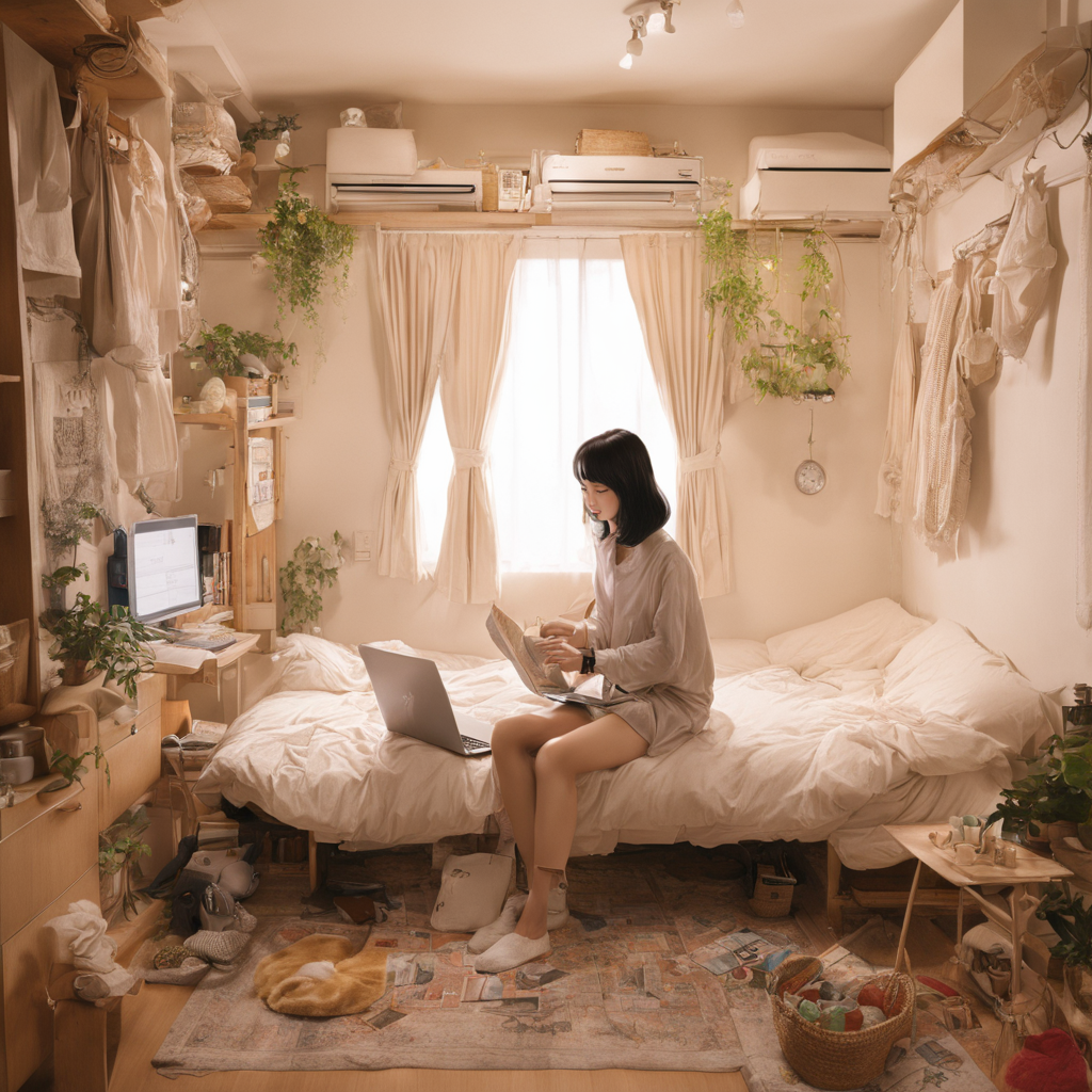best quality, ultra-detailed,
JJROOM, scenery, clock, bed, indoors, curtains, window, sitting, black hair, plant, book, calendar (object), computer, shirt, pants, bedroom, chair, rug, air conditioner, wide shot, laptop, 1girl, basket, 
 <lora:jyoshi_no_heya_SDXL_V1:1>